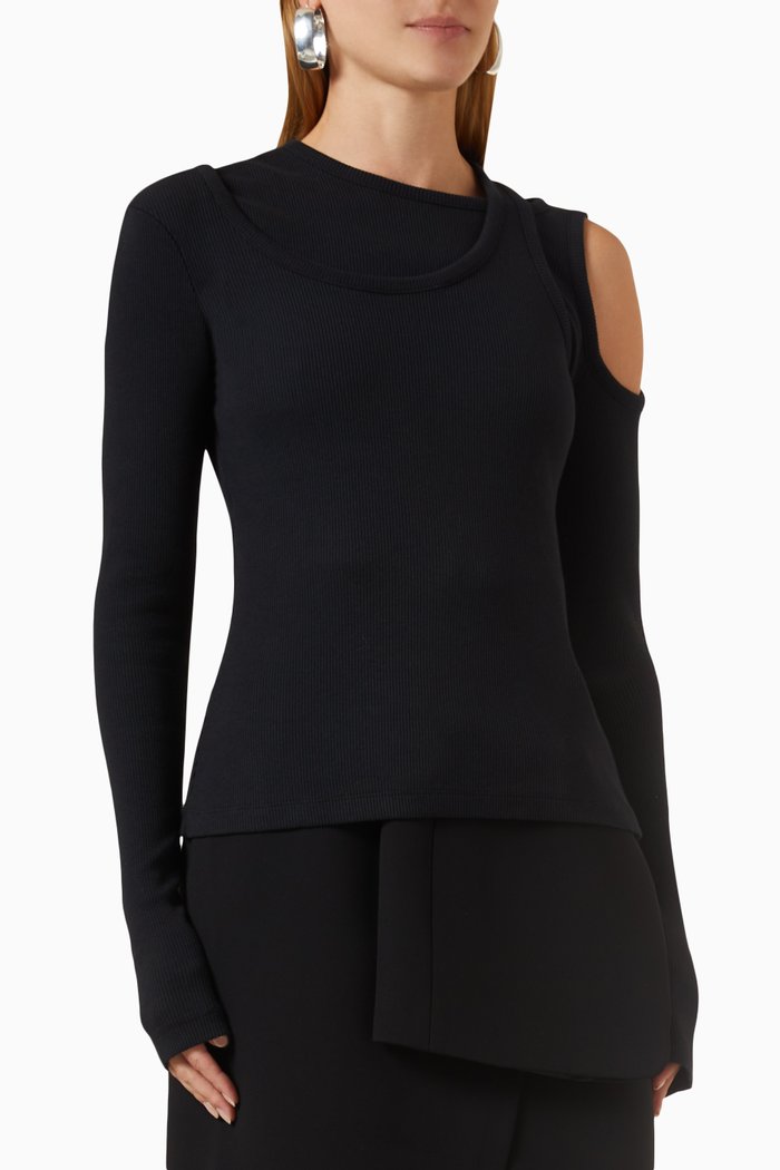 

Asymmetric Long-sleeve Top in Jersey, Black