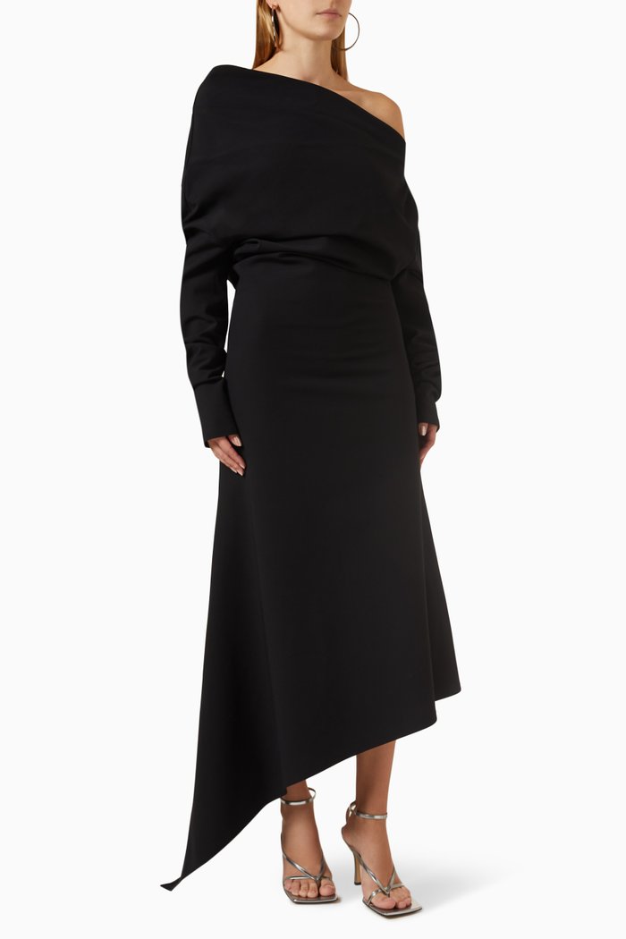 Off-shoulder Asymmetrical Maxi Dress in Crepe, Black