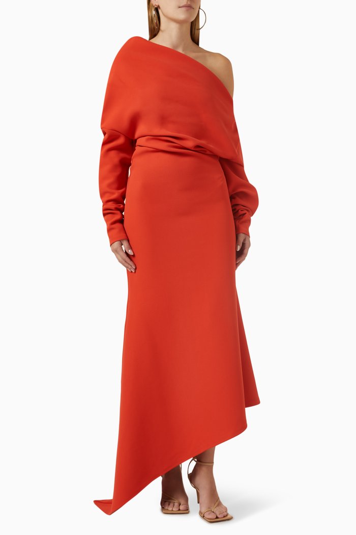 

Off-shoulder Asymmetrical Maxi Dress in Crepe, Red