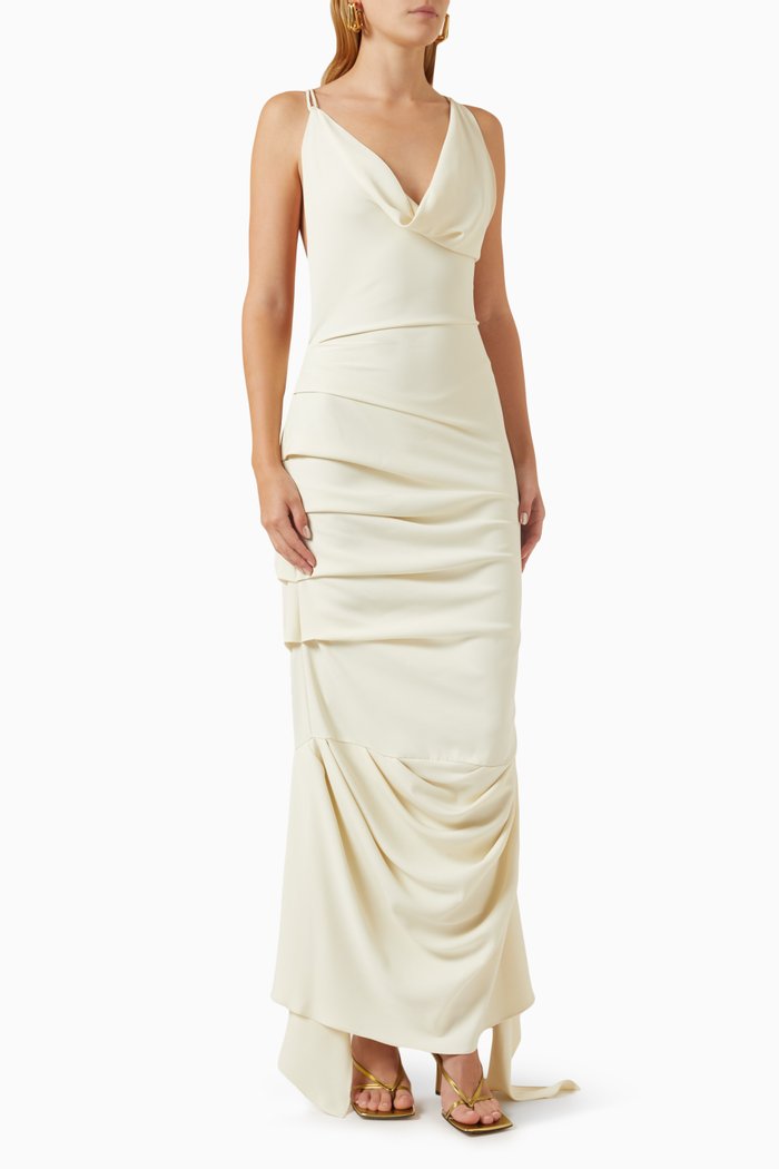 

Asymmetrical Draped Maxi Dress in Viscose, White