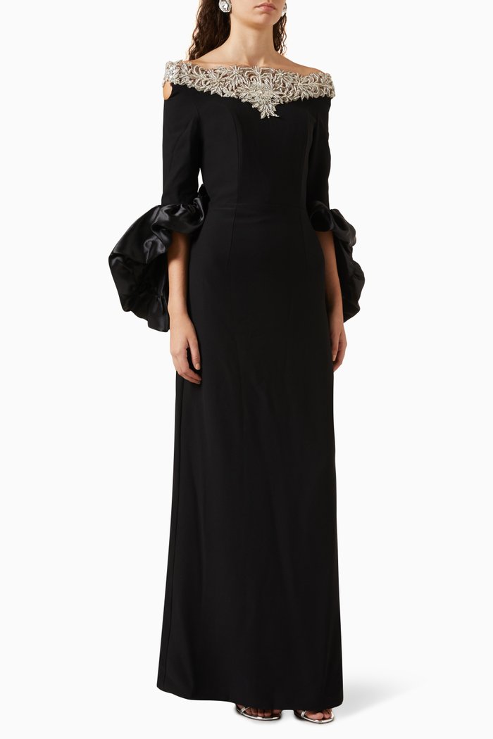 

Off-shoulder Embellished Gown in Crepe, Black