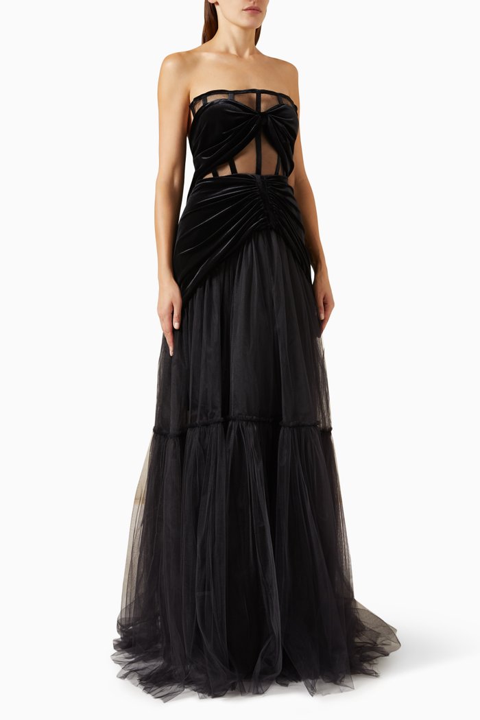 

Strapless Corset Gown in Tulle, Black