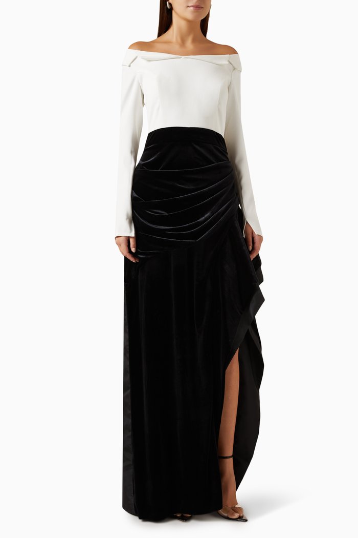 Off-shoulder Two-tone Gown in Crepe & Velvet, Multicolour