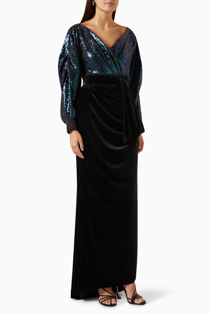 

Sequin-embellished Draped Gown in Velvet, Black