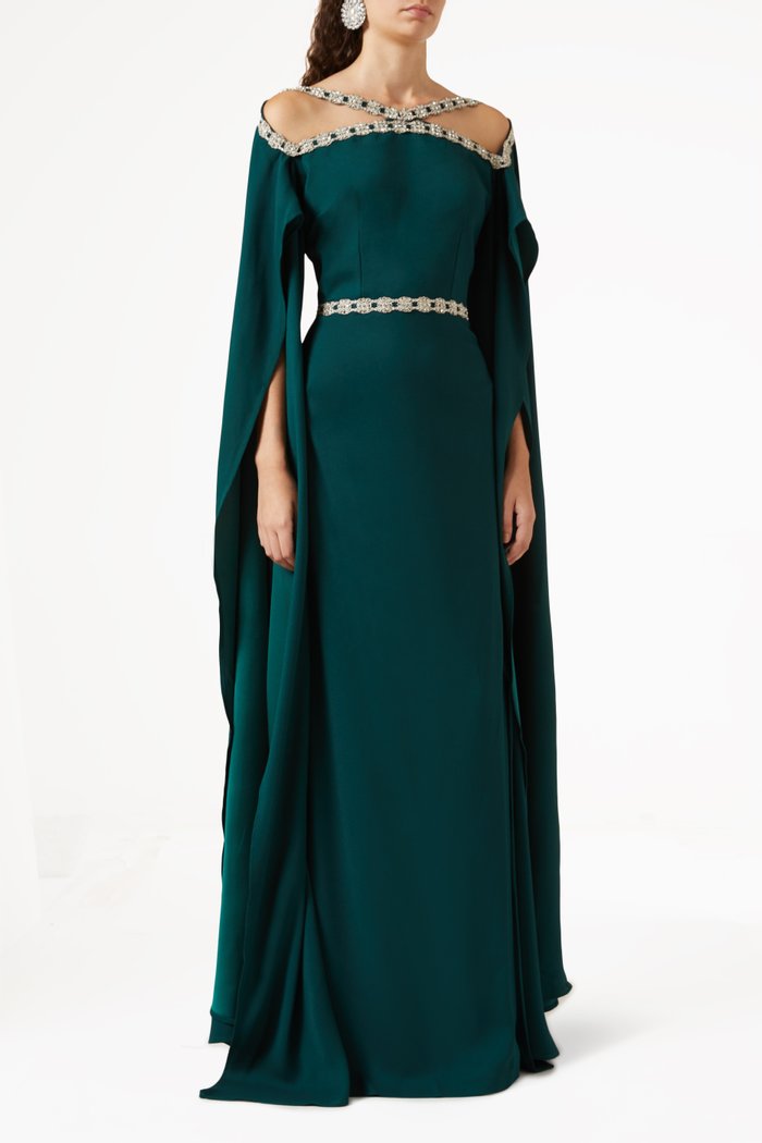 

Embellished Cape Sleeved Dress, Green