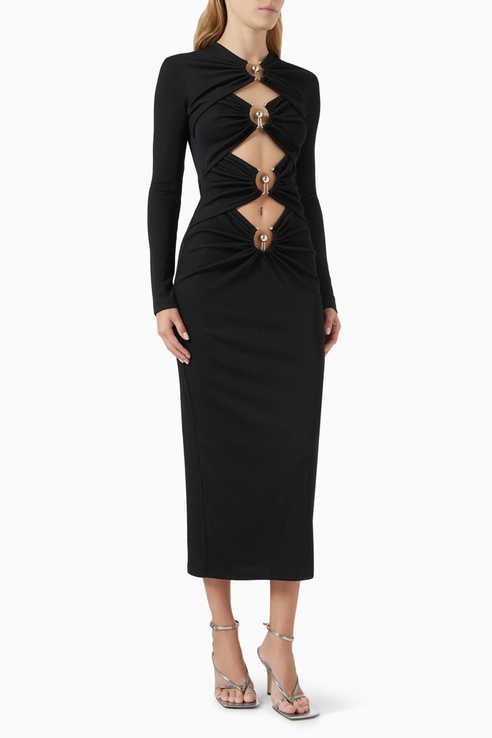 

Orbit Ruched Midi Dress in Rib-knit, Black