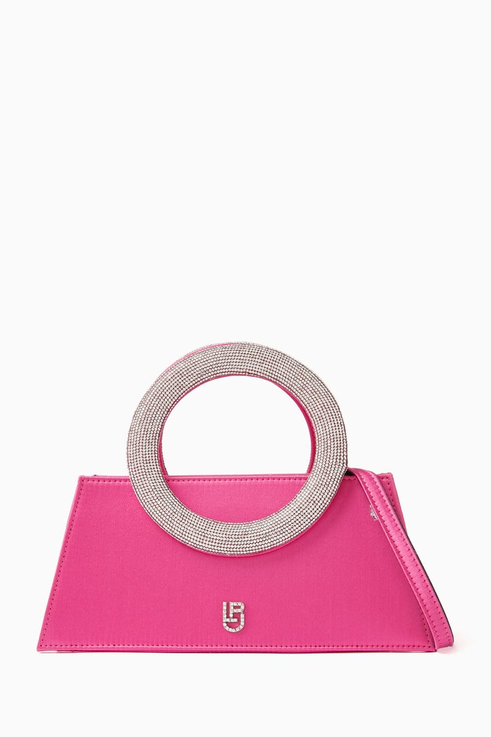 

Small Trapezio Pochette Top Handle Bag in Satin, Pink