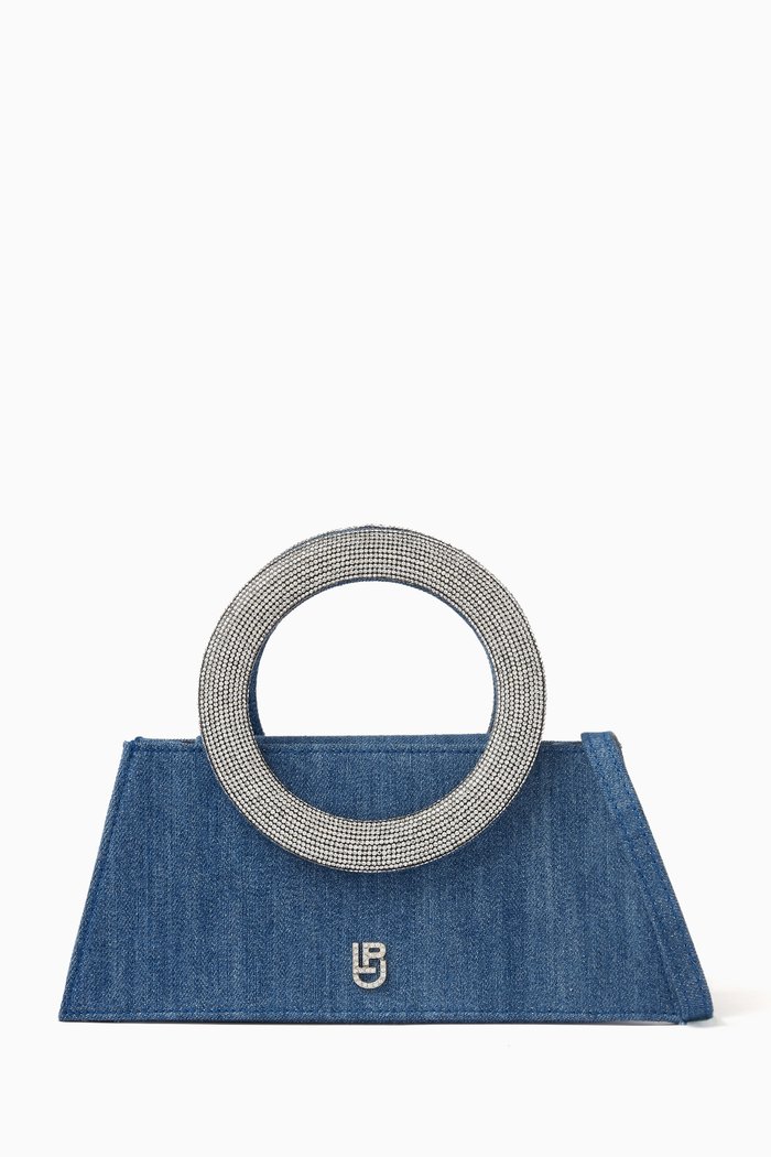 

Small Trapezio Pochette Top Handle Bag in Denim, Blue