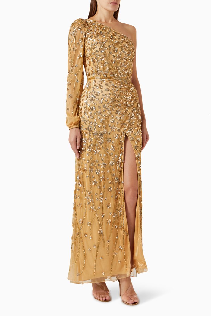 

Beaded One-shoulder Maxi Dress, Gold