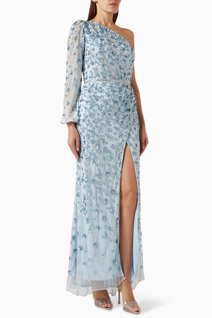 

Beaded One-shoulder Maxi Dress, Blue
