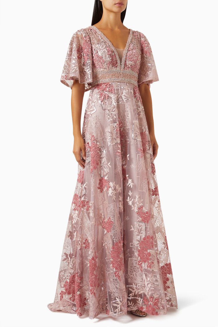 Embellished Flounce-sleeve Gown in Tulle, Pink