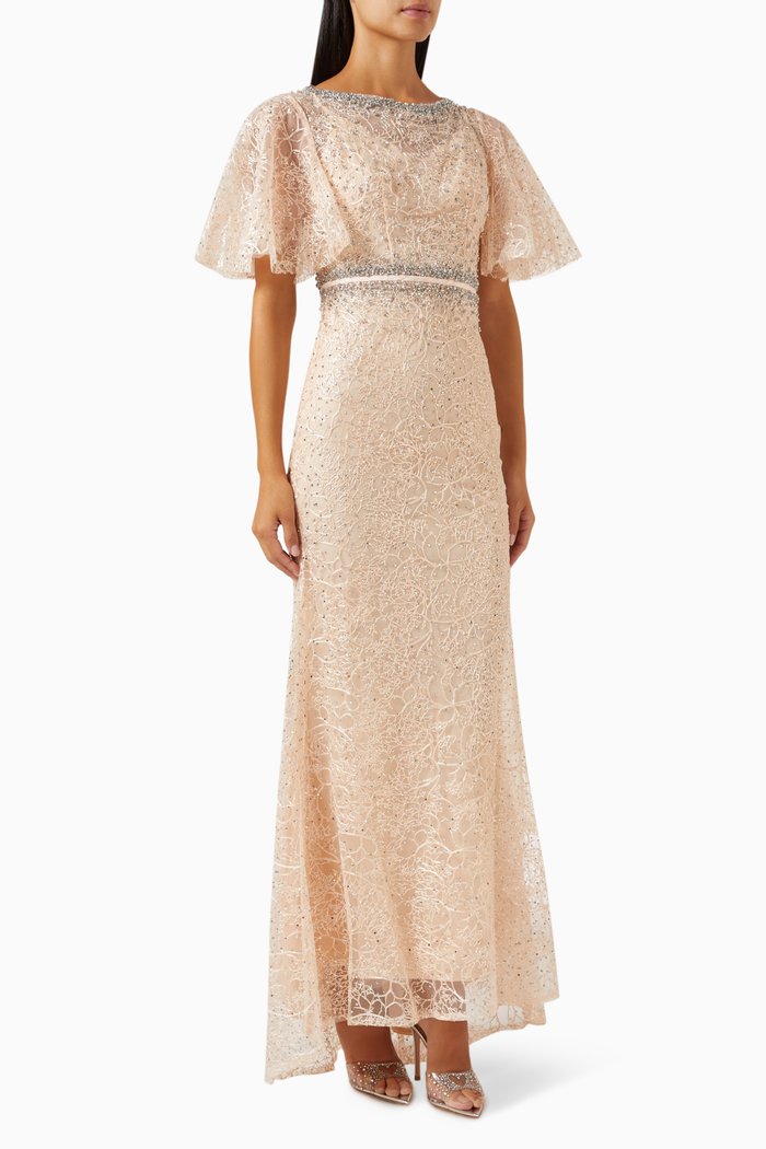 

Butterfly-sleeve Trumpet Gown in Mesh, Pink