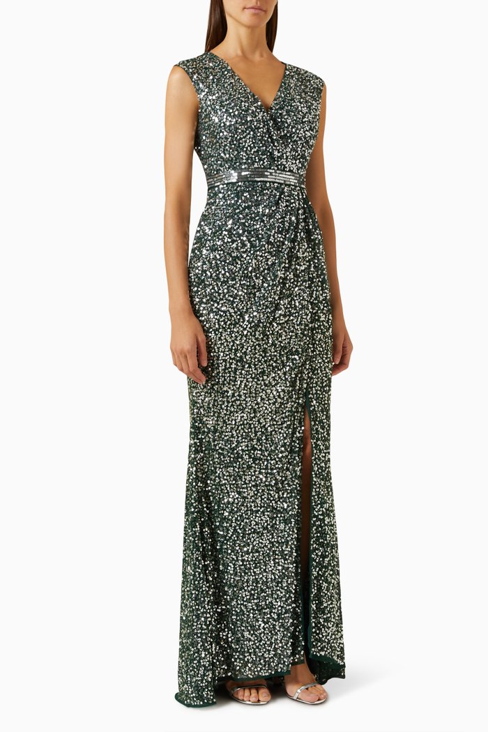 Embellished Cap-sleeve Gown in Mesh, Green