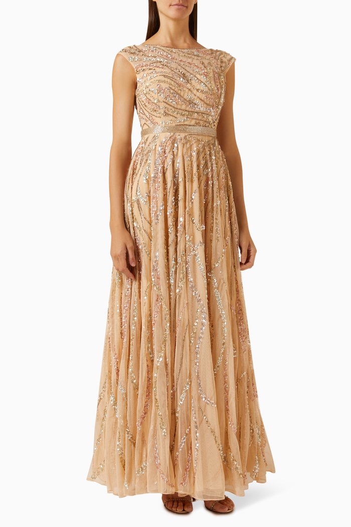 

Embellished Illusion Cap-sleeve Gown in Mesh, Neutral