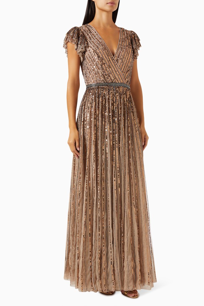 Embellished Ruffle Gown in Mesh, Gold