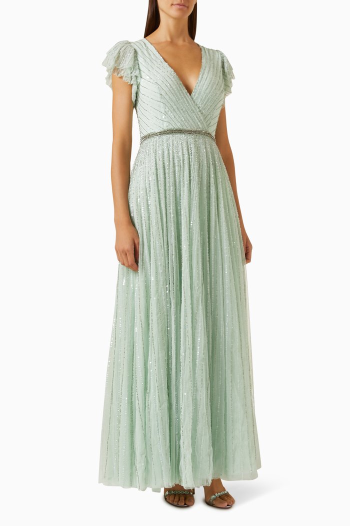 

Embellished Ruffle Gown in Mesh, Green