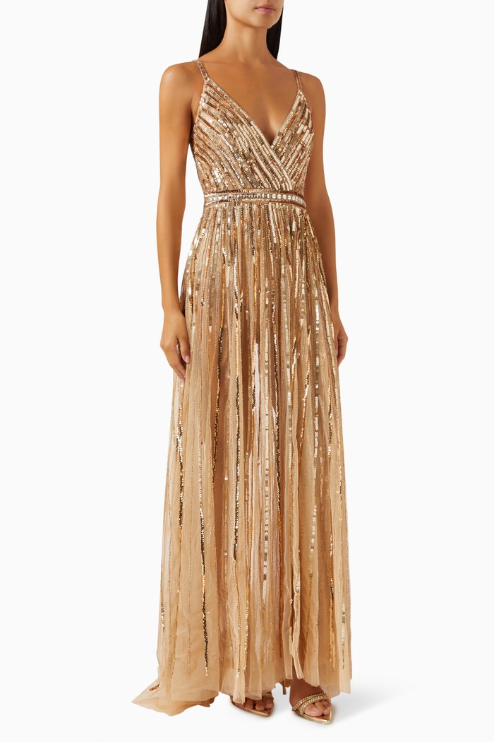 

Sequin-embellished Gown in Mesh, Gold