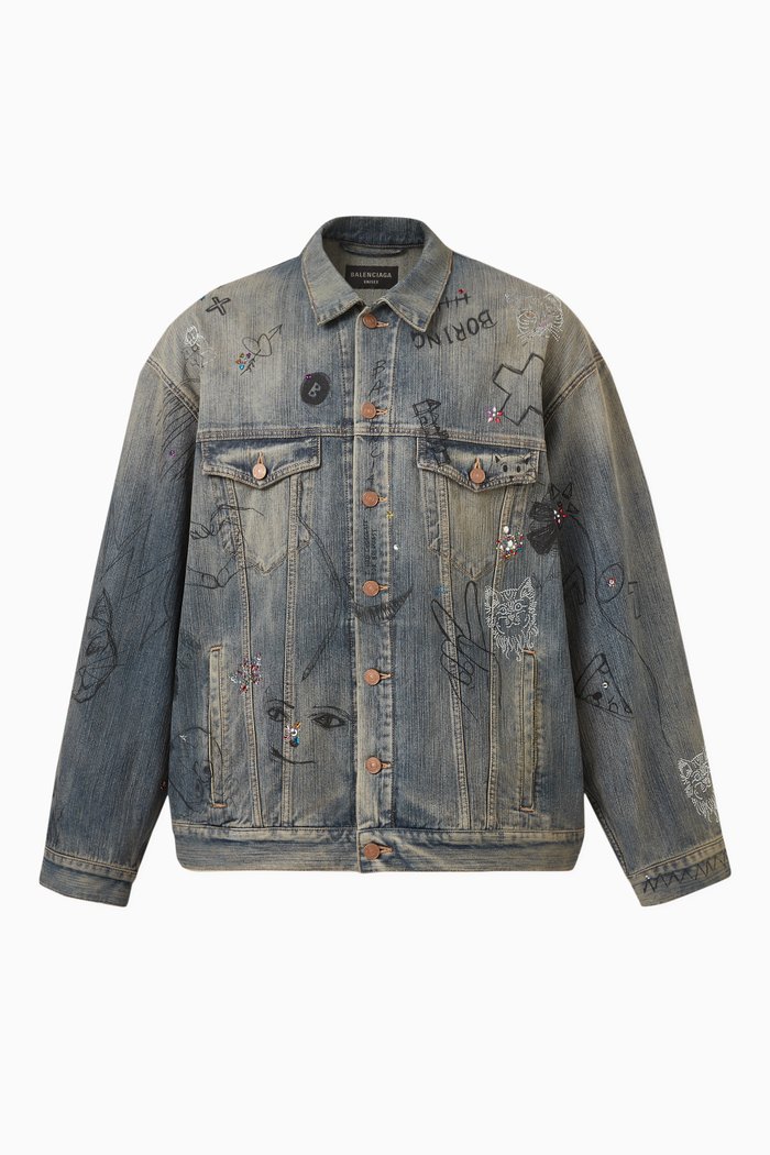 

Embroidered Oversized Jacket in Denim, Blue