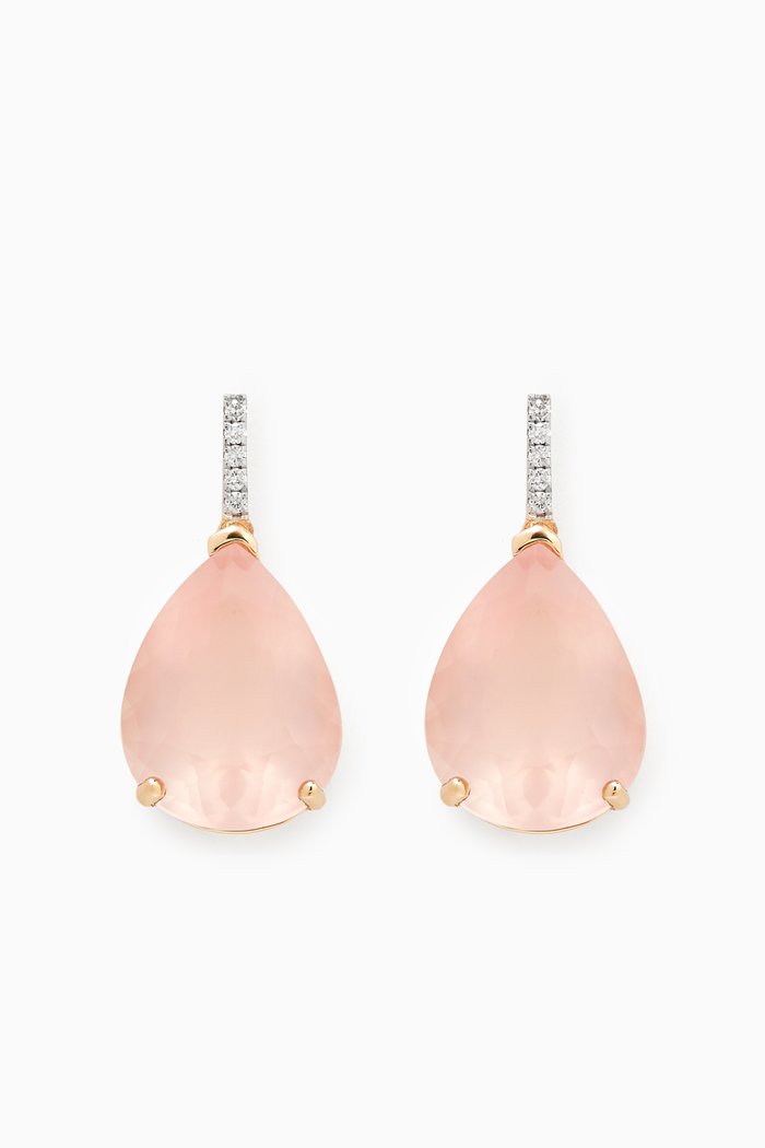 

Rose Quartz & Diamond Pear Drop Earrings in 14kt Gold, Pink