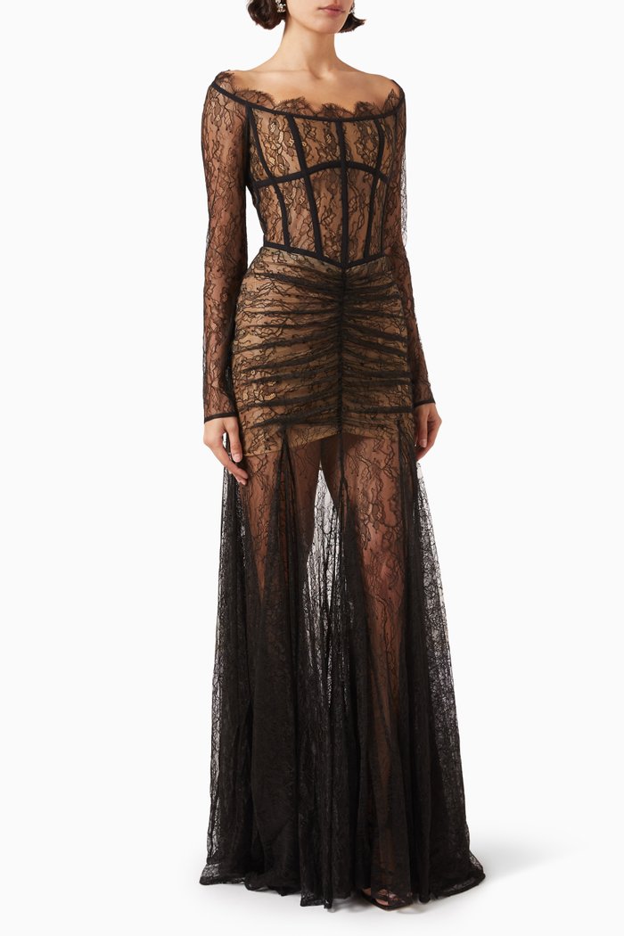 

Corset Lace Gown in Viscose-blend, Black