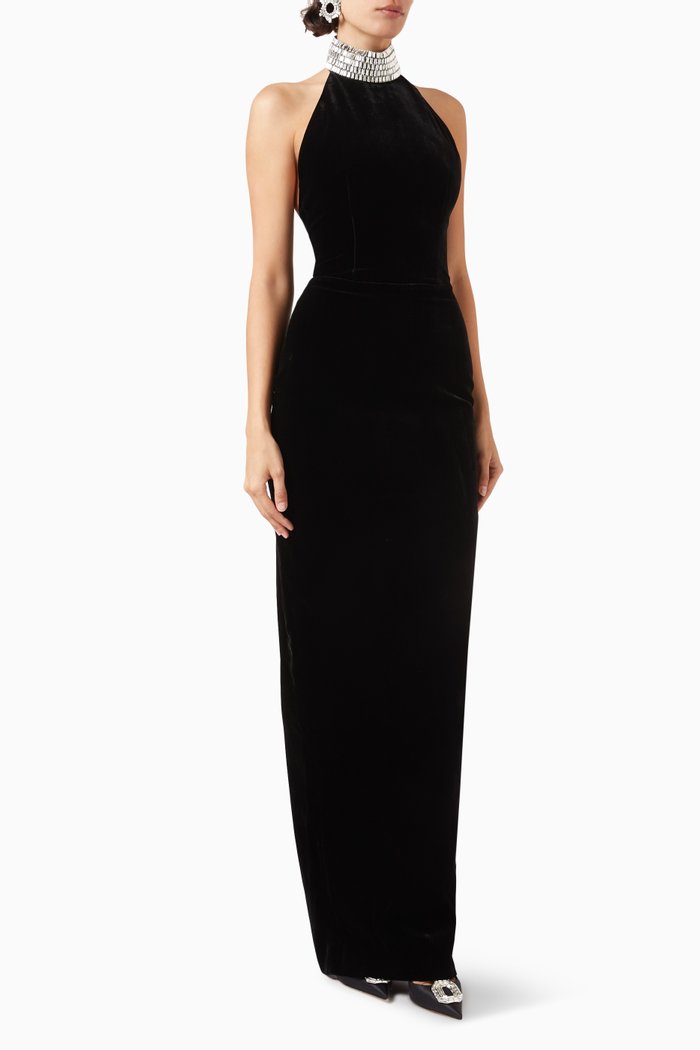 

Crystal-embellished Maxi Dress in Velvet, Black