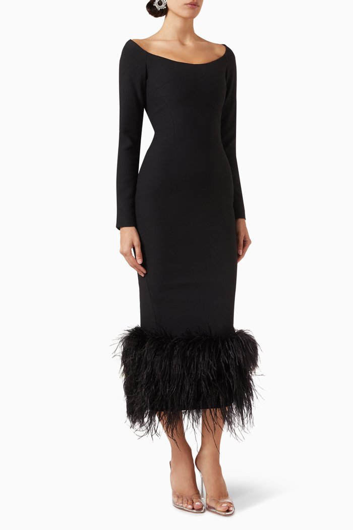 

Fringed Midi Dress in Crepe, Black