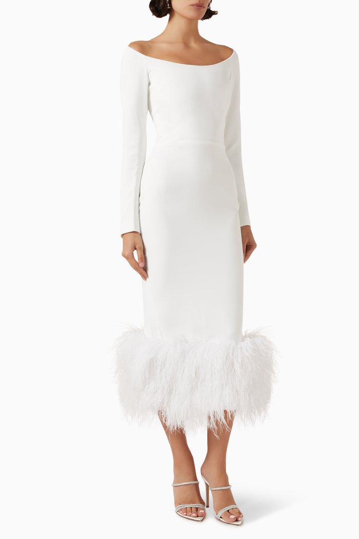 

Fringed Midi Dress in Crepe, White