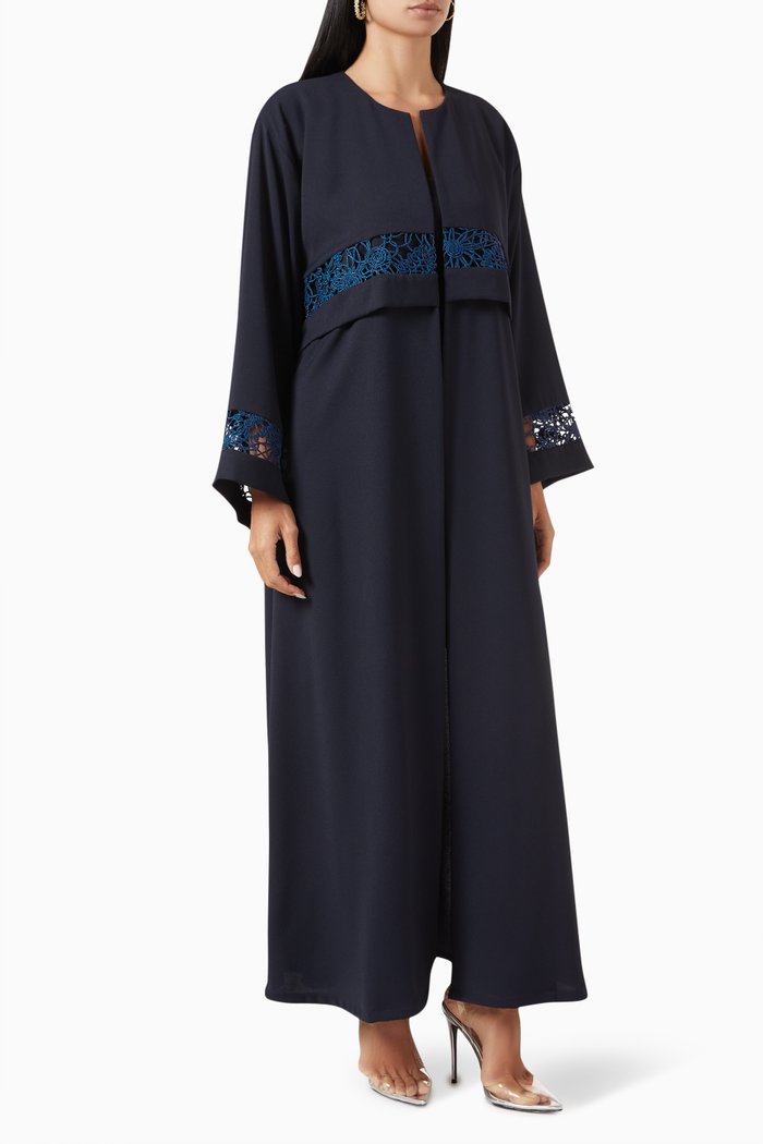 

Lace Insert Abaya in Saudi-crepe, Blue