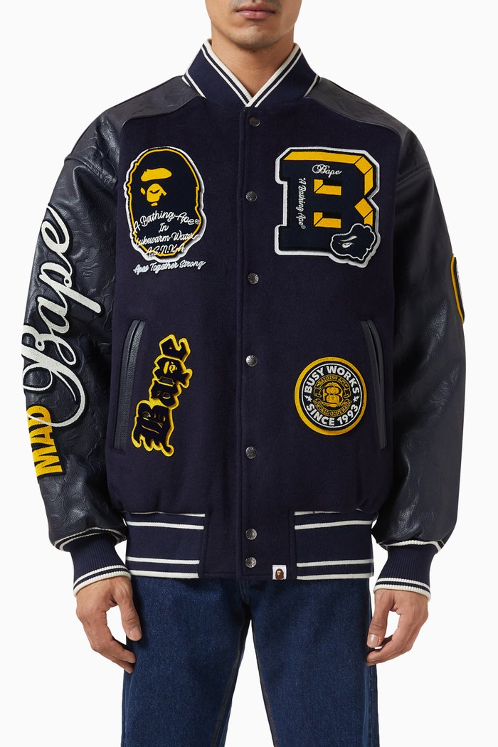 

BAPE Patch Varsity Jacket in Wool Blend & Calf Leather, Blue