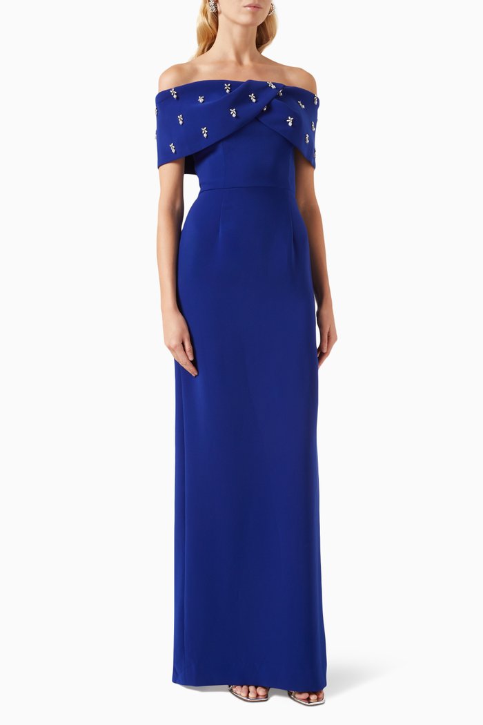 Off-shoulder Embellished Gown in Crepe, Blue