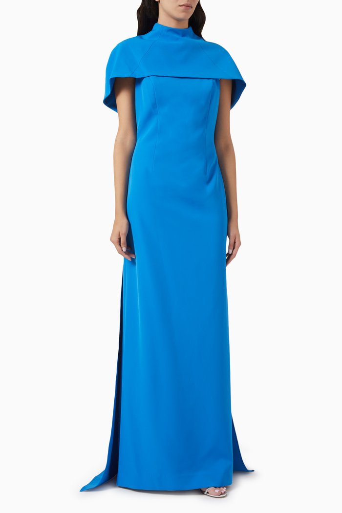 

Cape Column Gown in Crepe, Blue