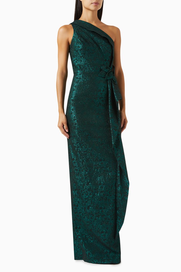 

One-shoulder Belted Maxi Dress in Metallic-jacquard, Green