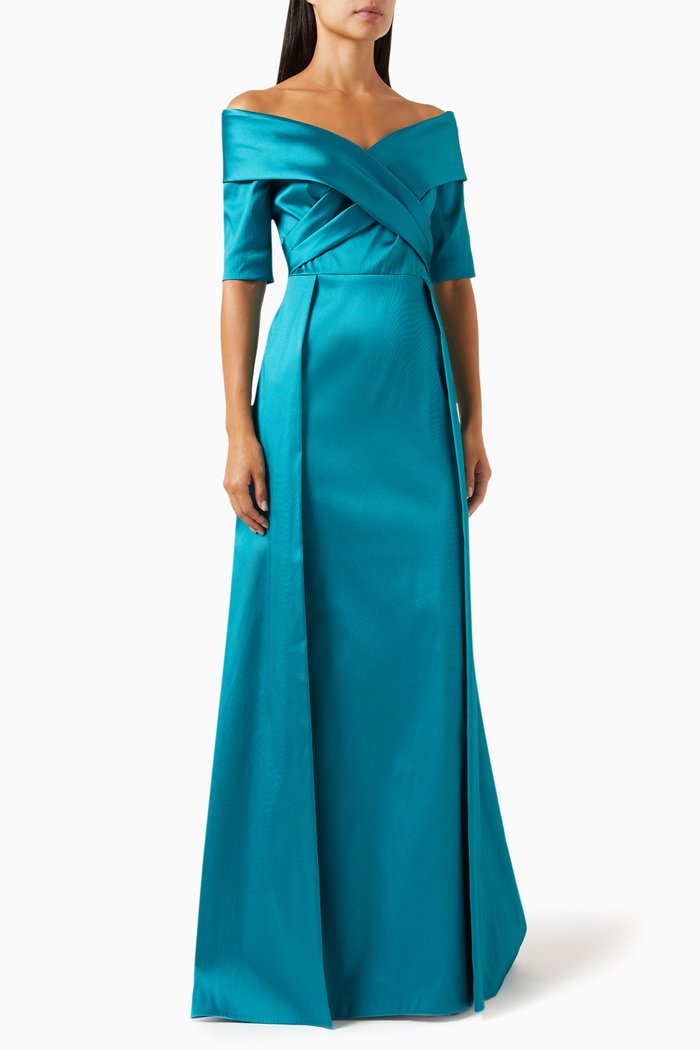 Off-Shoulder Maxi Gown in Gazar, Blue