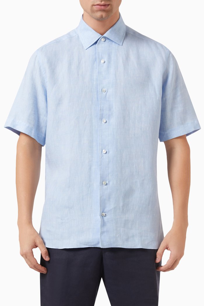 

Short-sleeve Shirt in Linen, Blue