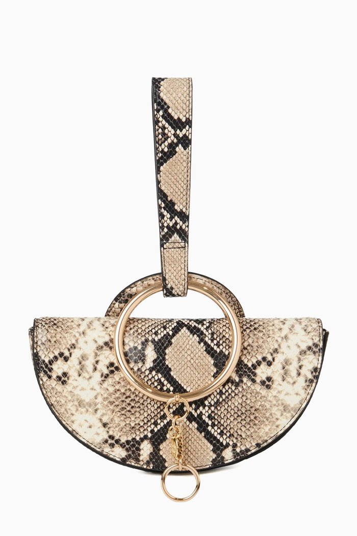 

Mara Half Moon Bag in Python-embossed Leather & Canvas, Black