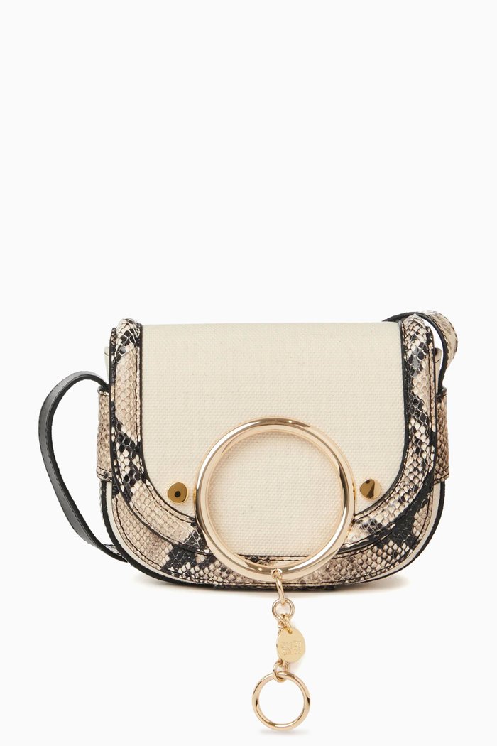 

Mara Micro Crossbody Bag in Python-embossed Leather & Canvas, Neutral