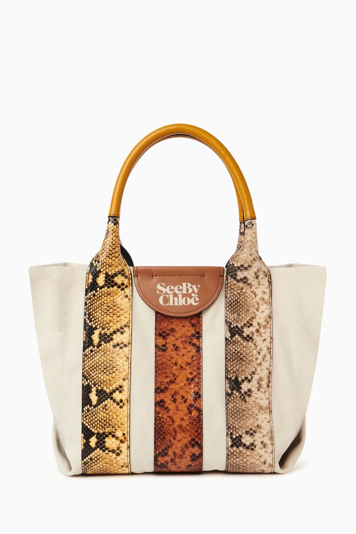 

Small Laetezia Tote Bag in Canvas & Python-embossed Leather, Brown