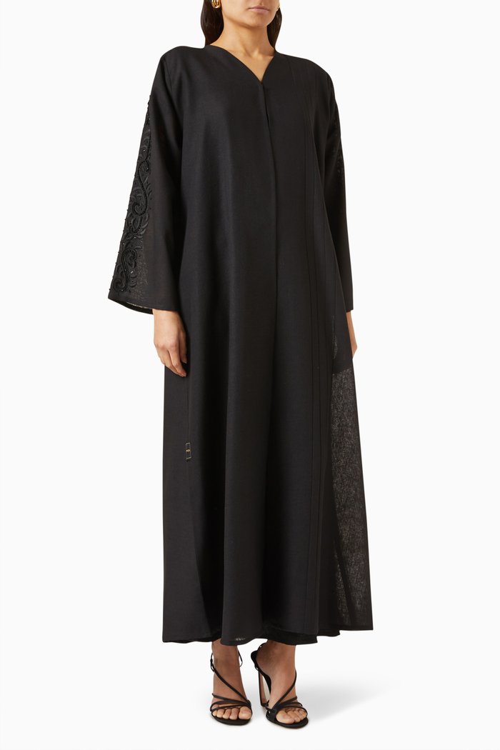 

Pearl-embellished Abaya Set in Linen, Black