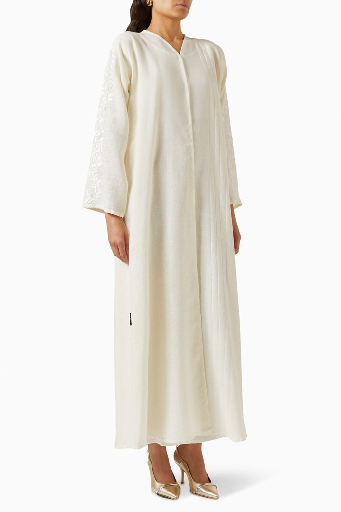 Pearl-embellished Abaya Set in Linen, Neutral