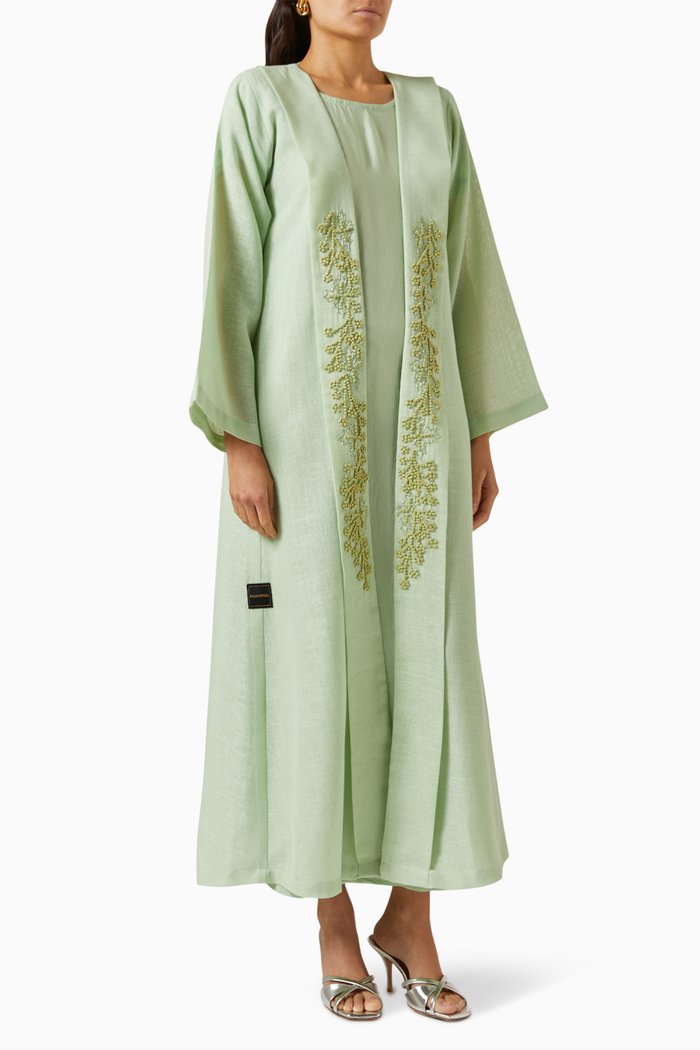 

Embroidered Abaya Set in Linen, Green