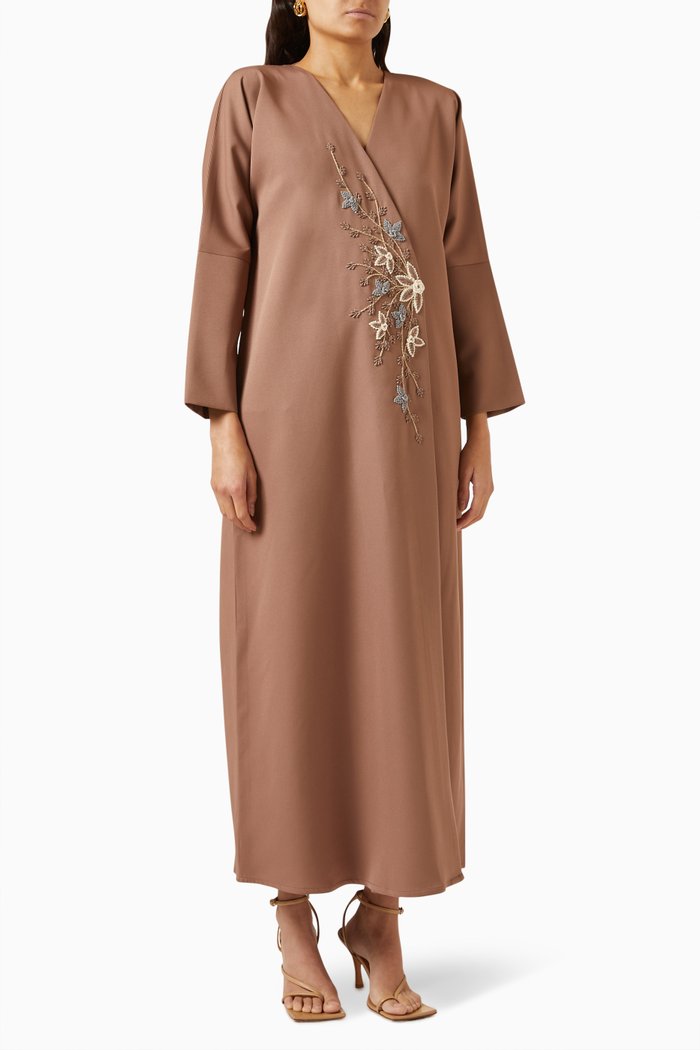 

Floral-embroidered Abaya in Linen, Grey