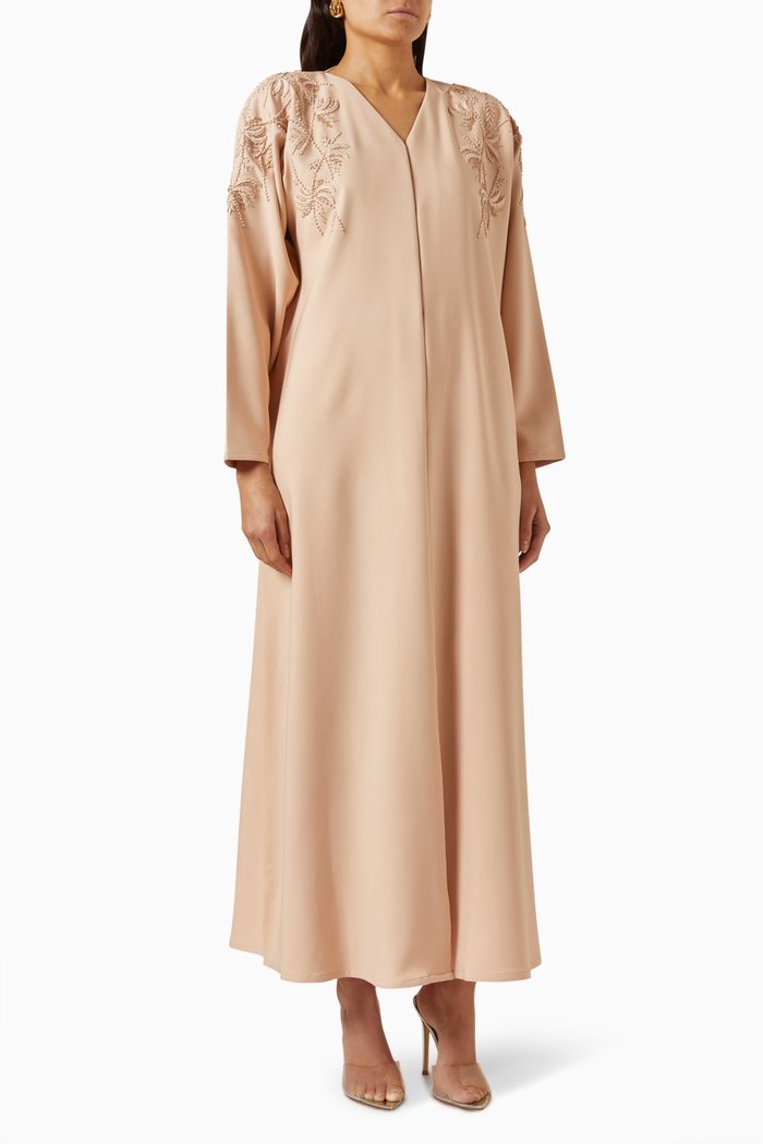 

Floral-embroidered Abaya in Crepe, Neutral