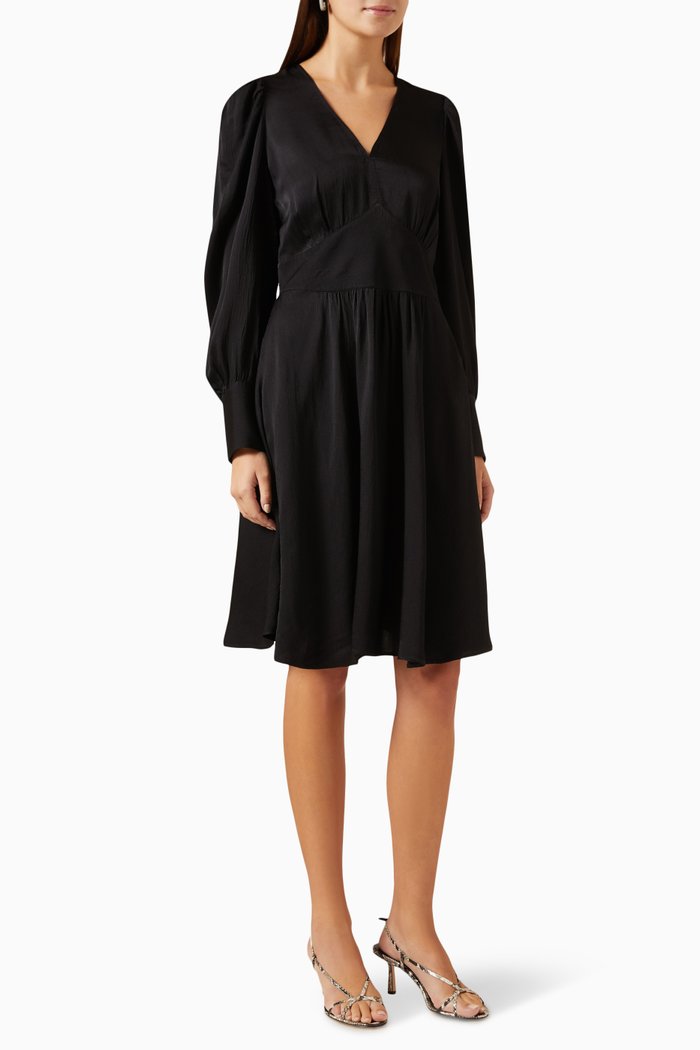 

Long-sleeves Midi Dress in Satin, Black
