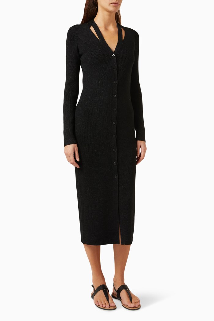

Ribbed Midi Dress in Metallic Stretch-fabric, Black