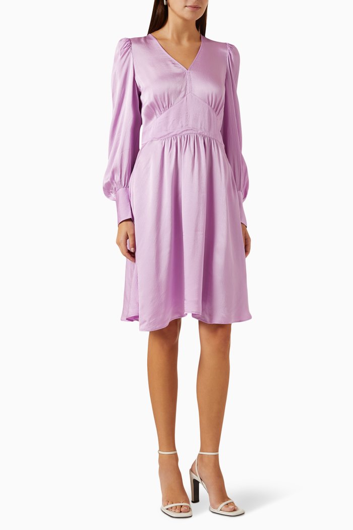 Long-sleeves Midi Dress in Satin, Pink