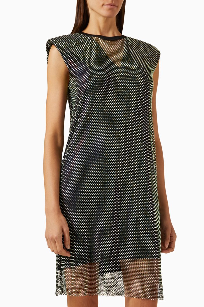 

Structured-shoulder Mini Dress in Crystal Mesh, Black