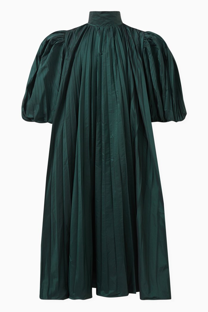Harriet Pleated Dress in Taffeta, Brown