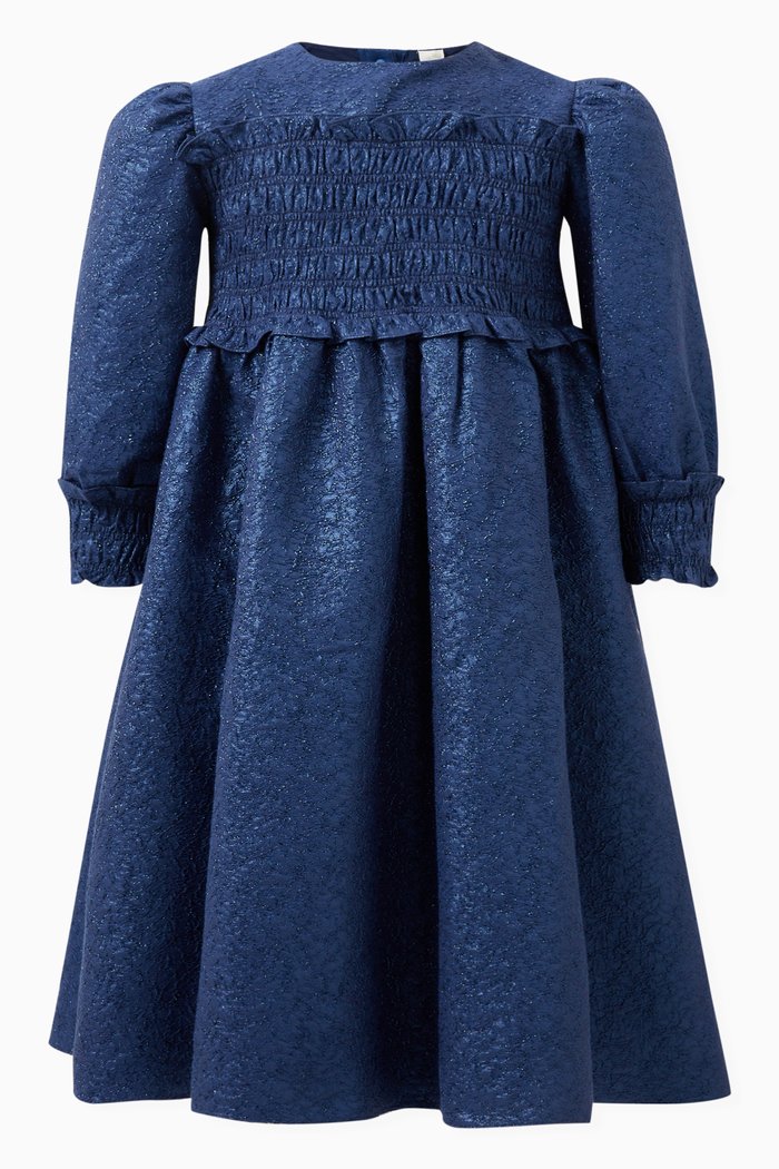 Terra Ceremonial Smocked Dress in Cotton-blend, Blue