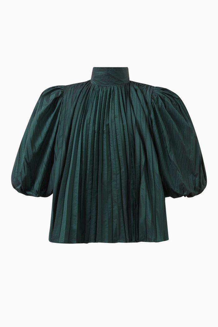 

Genoveva Pleated High-neck Blouse in Taffeta, Green