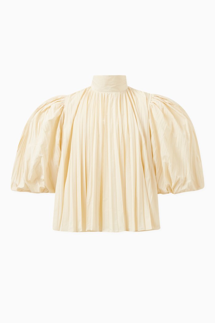 

Genoveva Pleated High-neck Blouse in Taffeta, Neutral